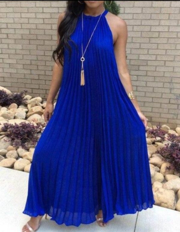 Halter White Pleated Maxi Dress Women Sundress Party Elegant Summer Loose Solid Blue Pleated Long Dresses Robe Femme - Takalr