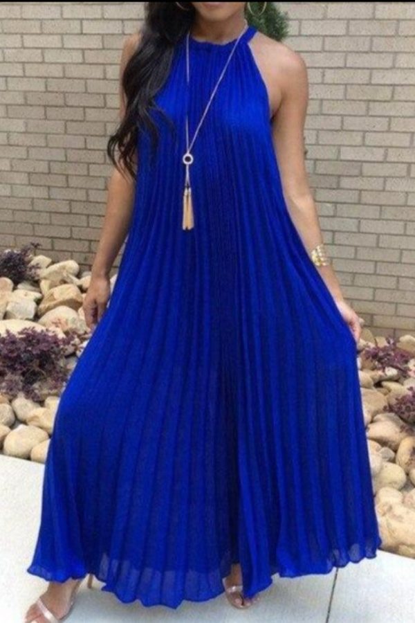 Halter White Pleated Maxi Dress Women Sundress Party Elegant Summer Loose Solid Blue Pleated Long Dresses Robe Femme - Takalr