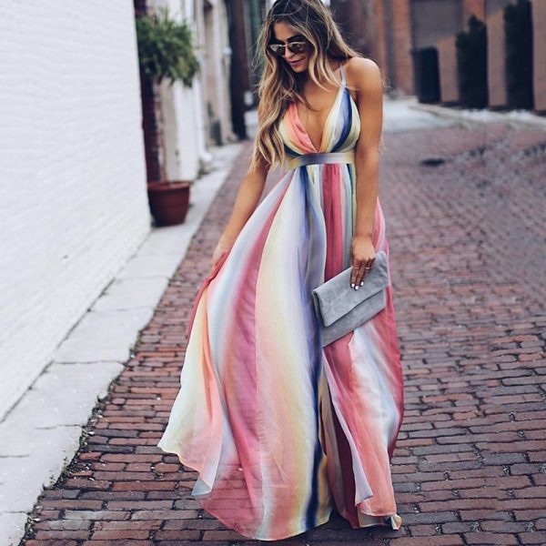 Halter long chiffon dress Bohemian rainbow printed women maxi dress Fashion v neck club party dresses vestidos mujer - Takalr