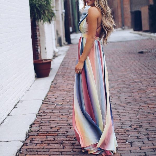 Halter long chiffon dress Bohemian rainbow printed women maxi dress Fashion v neck club party dresses vestidos mujer - Takalr