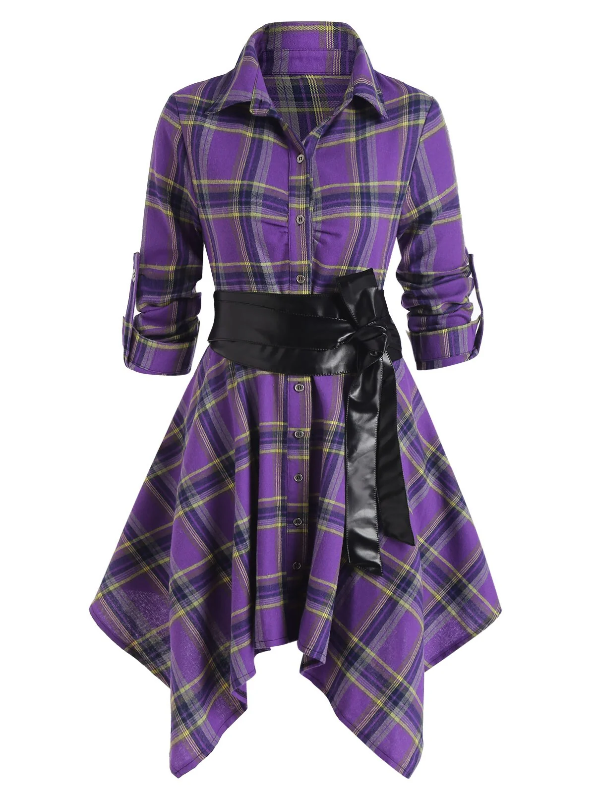Handkerchief Dress Fashion Plaid Print Button Up Long Sleeve Shirt Dress Fall Clothes for Women Casual Short Dresses - Image 33