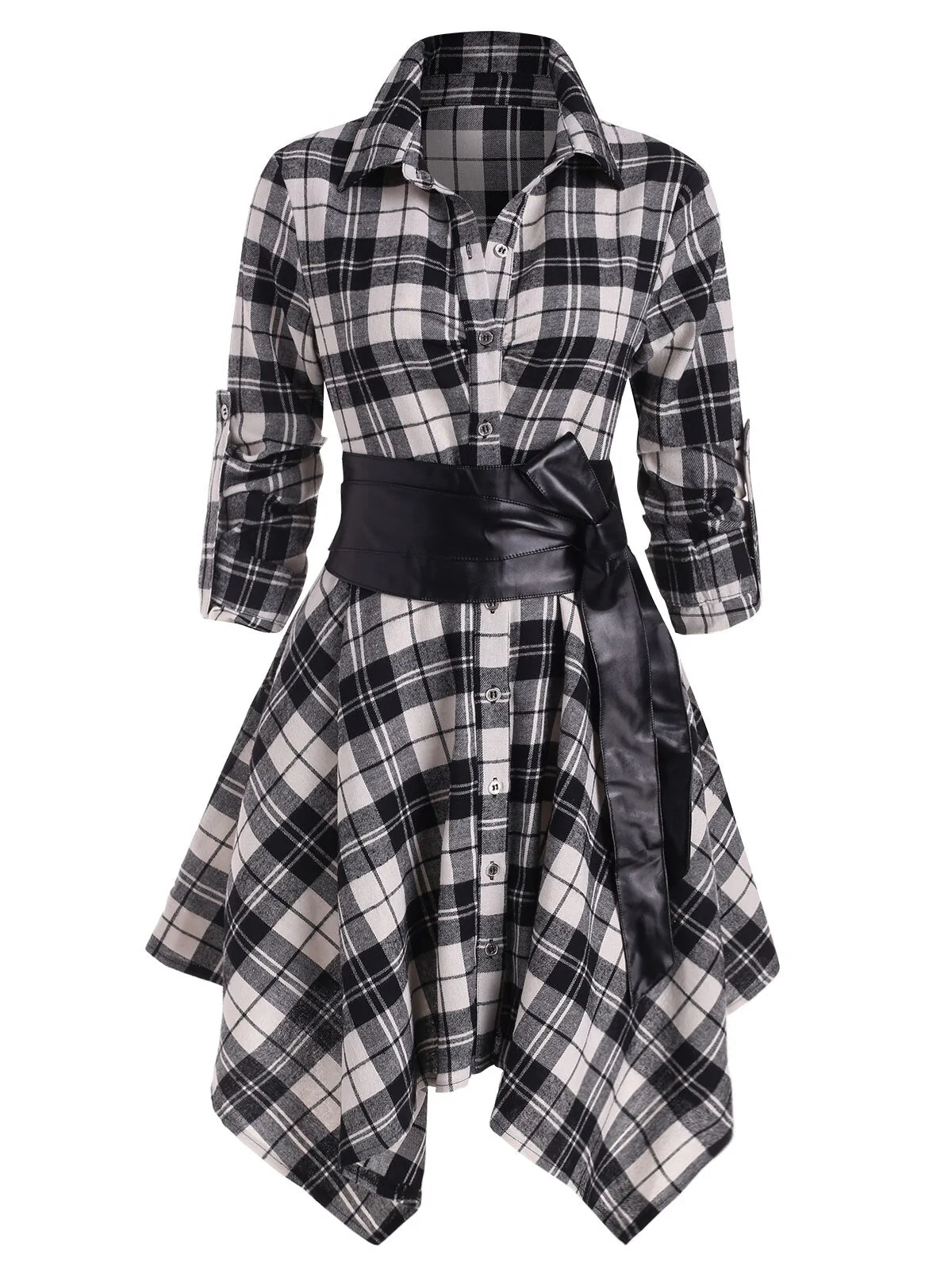 Handkerchief Dress Fashion Plaid Print Button Up Long Sleeve Shirt Dress Fall Clothes for Women Casual Short Dresses - Image 31