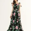 Women's Runway Dresses Lace Up Spaghetti Straps Floral Printed Ruched Ruffles Fashion Designer Party Long Maxi Dresses