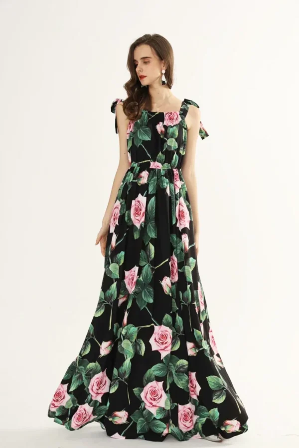 Women's Runway Dresses Lace Up Spaghetti Straps Floral Printed Ruched Ruffles Fashion Designer Party Long Maxi Dresses