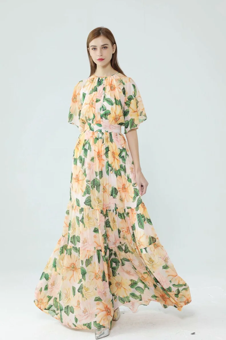 Women's Runway Dresses O Neck Short Sleeves Floarl Printed Ruffles High Street Fashion Long Maxi Dresses with Plus Sizes - Image 5