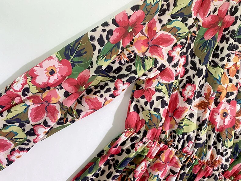 Women's Runway Dress Sexy V Neck Long Sleeves Floral Printed Sash Belt Ruched Fashion Maxi Dresses Vestidos - Image 3