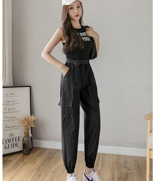 High Waist  Women's Looses Cargo Pants With belt nine-point harem pants Colorfur  high waist pants sashes pockets office pants - Takalr