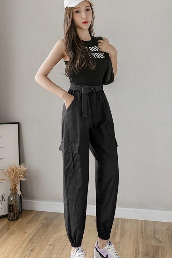 High Waist  Women's Looses Cargo Pants With belt nine-point harem pants Colorfur  high waist pants sashes pockets office pants - Takalr