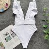 Ruffles White One Piece Swimsuit 2021 New Arrival Padded Deep V-Neck Belt Sexy Swimwear Women Bathing Suit Monokini - Takalr