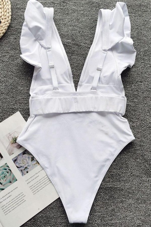 Ruffles White One Piece Swimsuit 2021 New Arrival Padded Deep V-Neck Belt Sexy Swimwear Women Bathing Suit Monokini - Takalr