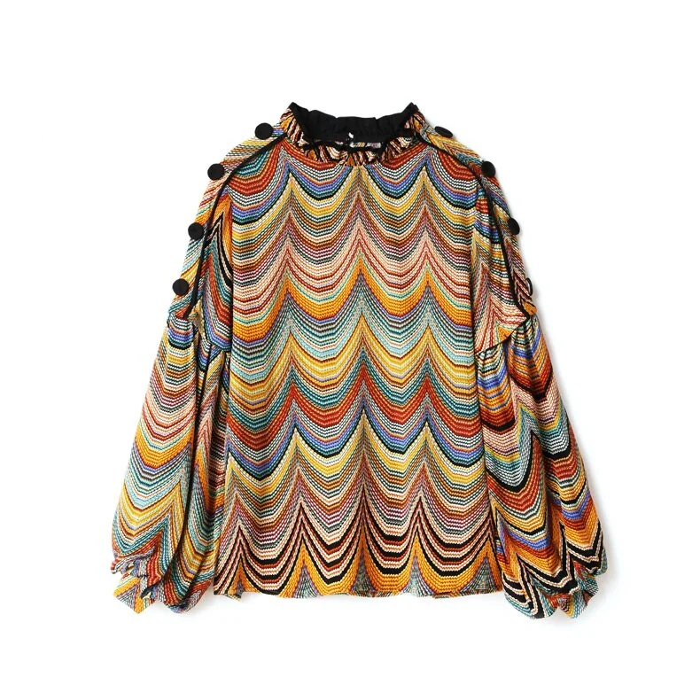 100% Silk Women's Shirt Ruffled Collar Long Lantern Sleeves Waves Printed Piping Fashion Casual Blouse - Image 9