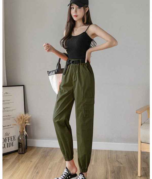 High Waist  Women's Looses Cargo Pants With belt nine-point harem pants Colorfur  high waist pants sashes pockets office pants - Takalr