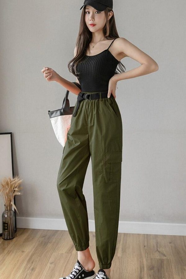 High Waist  Women's Looses Cargo Pants With belt nine-point harem pants Colorfur  high waist pants sashes pockets office pants - Takalr