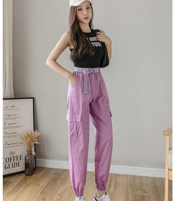 High Waist  Women's Looses Cargo Pants With belt nine-point harem pants Colorfur  high waist pants sashes pockets office pants - Takalr