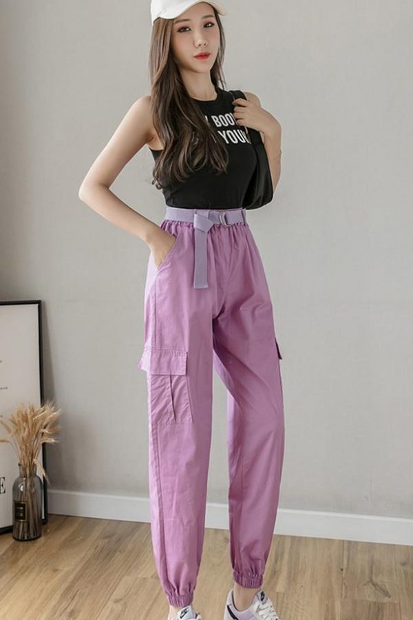 High Waist  Women's Looses Cargo Pants With belt nine-point harem pants Colorfur  high waist pants sashes pockets office pants - Takalr