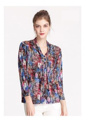100% Silk Women's Blouse V Neck Sashes Floral Printed 3/4 Sleeves Fashion Pullover Shirt Tops