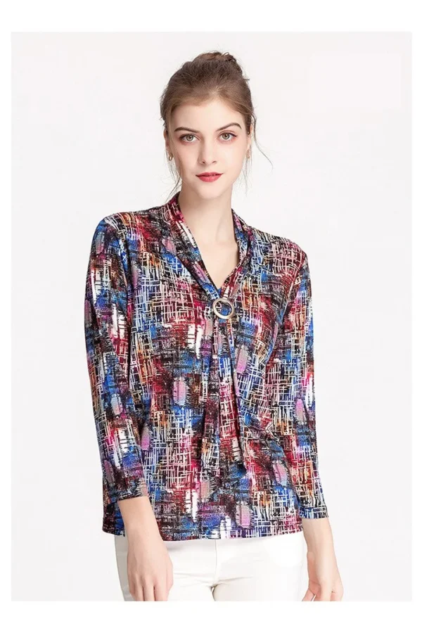 100% Silk Women's Blouse V Neck Sashes Floral Printed 3/4 Sleeves Fashion Pullover Shirt Tops