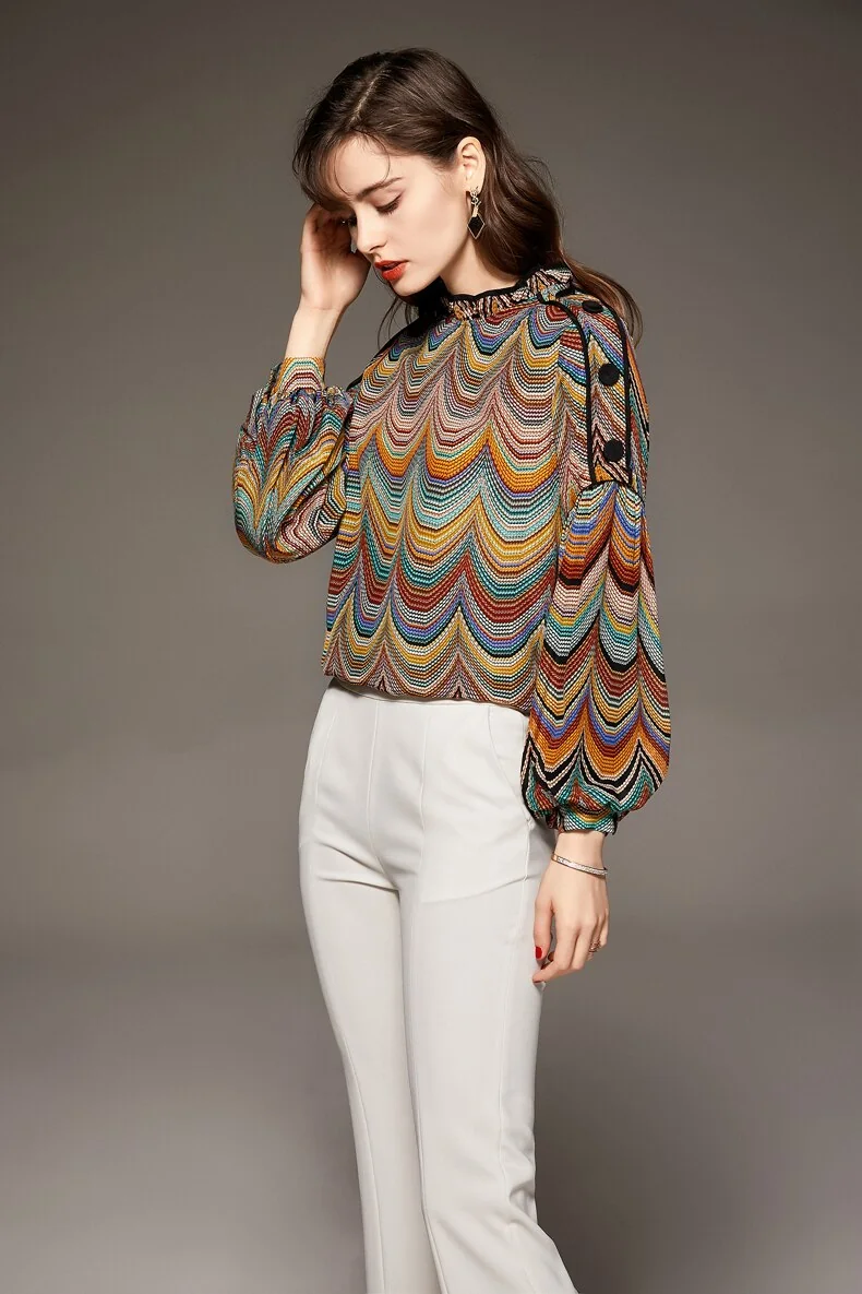 100% Silk Women's Shirt Ruffled Collar Long Lantern Sleeves Waves Printed Piping Fashion Casual Blouse - Image 7