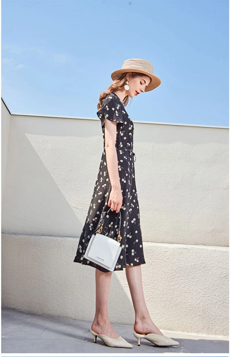 100% Silk Women's Dresses V Neck Short Sleeves Ruffles Printed Fashion Casual Summer Holiday Dresses - Image 6