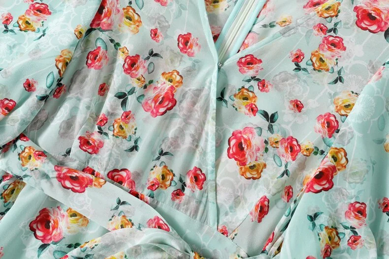 100% Silk Women's Dresses V Neck Short Sleeves Printed Sash Belt Fashion Summer Dress Vestidos - Image 16