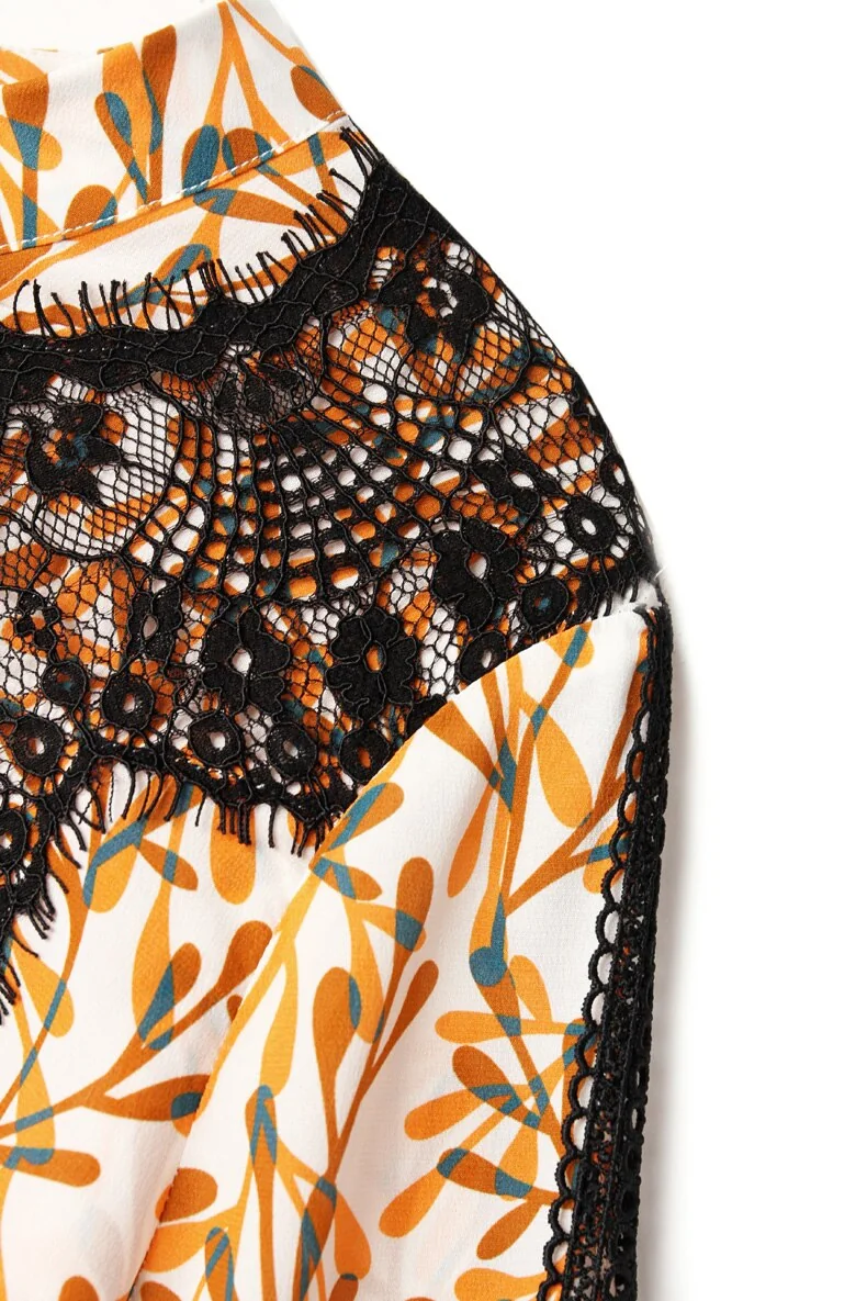 100% Silk Women's Blouse O Neck Long Sleeves Printed Hollow Out Lace Patchwork Fashion Casual Shirt Tops - Image 10