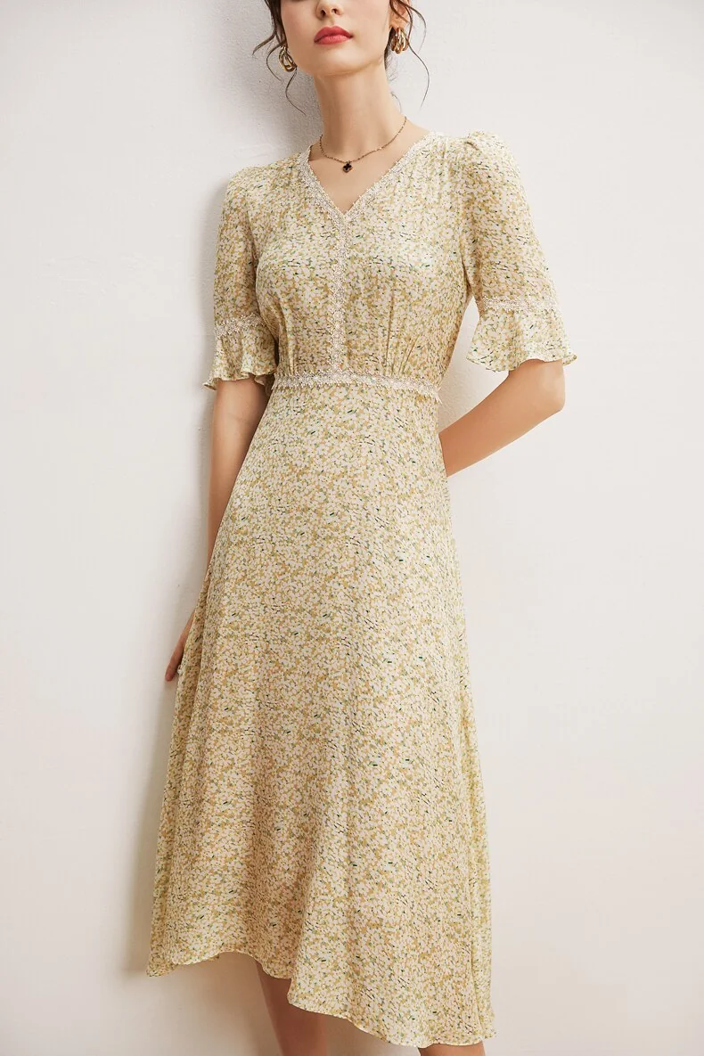 100% Natural Silk Women's Dresses Sexy V Neck Short Sleeves Printed Lace Piping Fashion Dress Vestidos - Image 5
