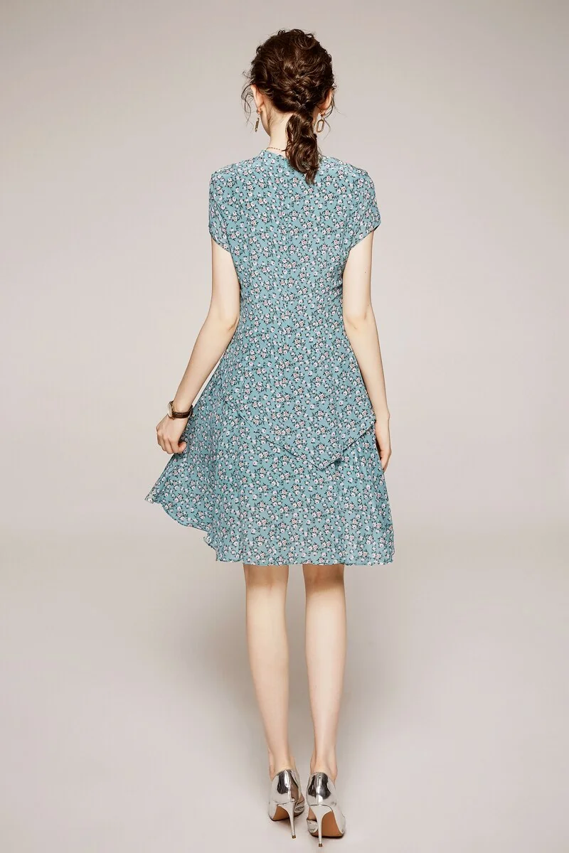 100% Silk Women's Dresses Stand Collar Short Sleeves Printed Floral Asymmetrical Elegant Fashion Dresses - Image 5