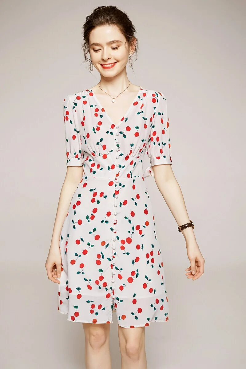 100% Silk Women's Runway Summer Dresses Sexy V Neck Short Sleeves Lace Up Printed Fashion Casual Short Dresses - Image 2