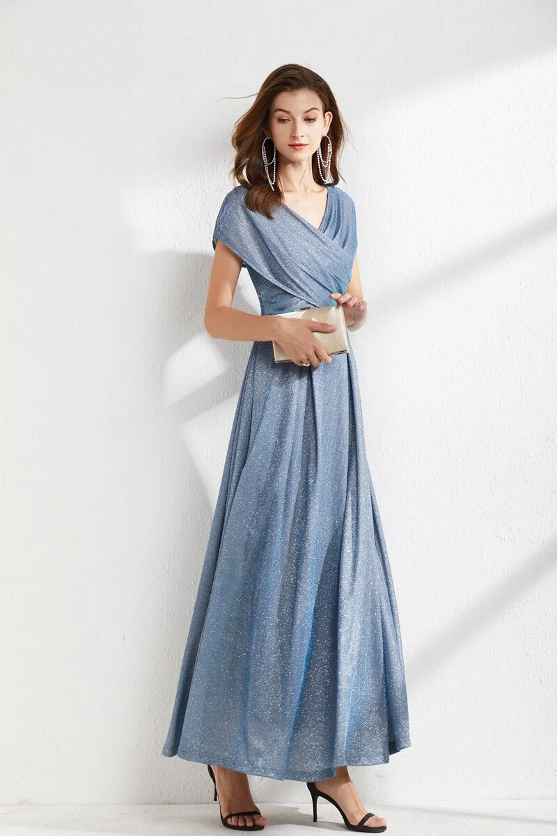 Women's Runway Dresses V Neck Cape Sleeves Criss Cross Elegant Long Maxi Dress Party Prom - Image 3