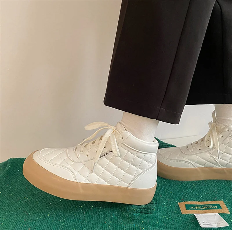Women Shoes Autumn White PU Leather Sneakers Fashion Platform Sport Shoes Plaid Lace-up Casual Comfy Ankle Boots - Image 5