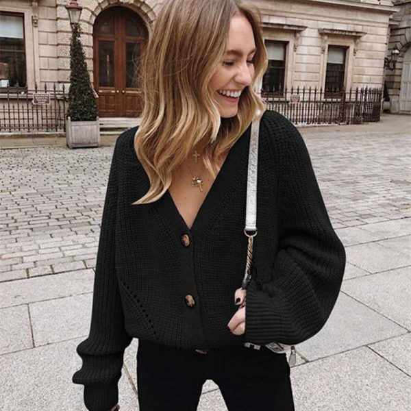 Women Solid Casual Sweater Oversize V Neck Knitted Cardigans 2020 Autumn Warm Loose Lantern Sleeve Single Row Button Female Coat - Takalr