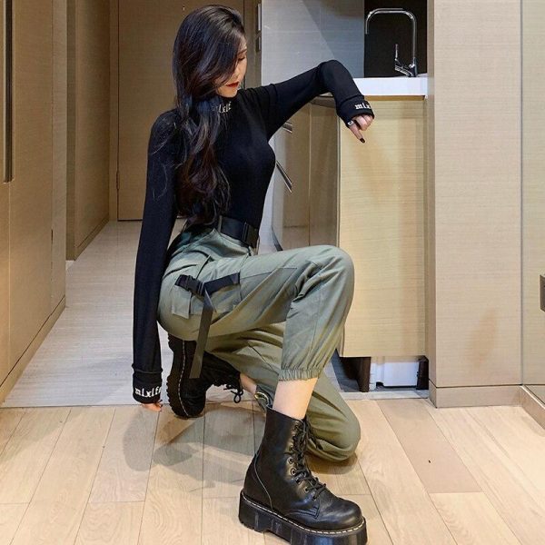 Spring Autumn Ribbon Cargo Pants For Women High Waist Hip Hop Trousers Loose BF Harajuku Handsome Hip Hop Pants Woman Cloth - Takalr