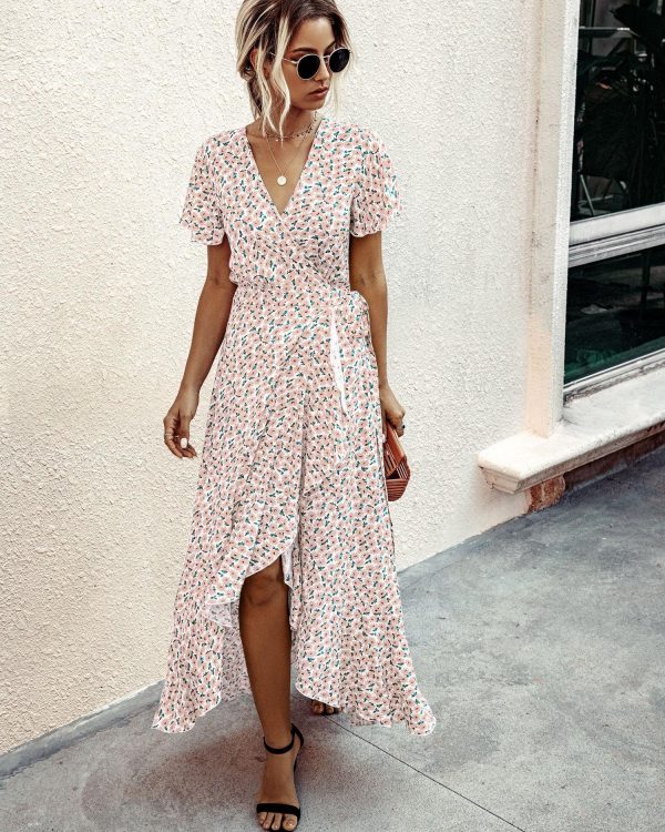 Summer Maxi Dress Women Polka Dot Sexy V Neck Ruffles Short Sleeve Holiday Long Beach Sundress Ladies Lace Up Wrap Party Dresses - Takalr