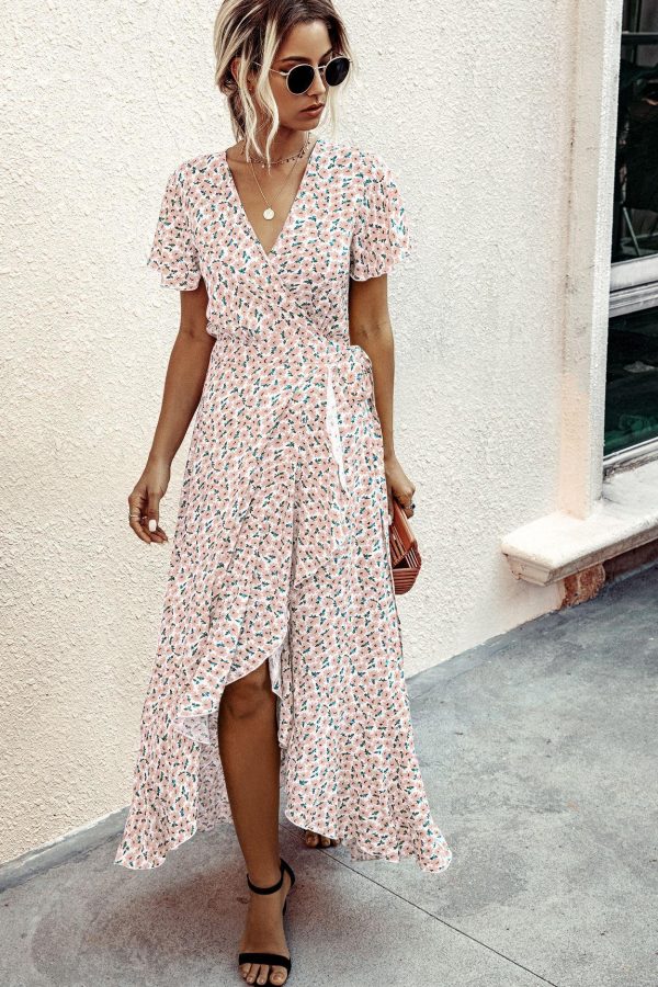 Summer Maxi Dress Women Polka Dot Sexy V Neck Ruffles Short Sleeve Holiday Long Beach Sundress Ladies Lace Up Wrap Party Dresses - Takalr