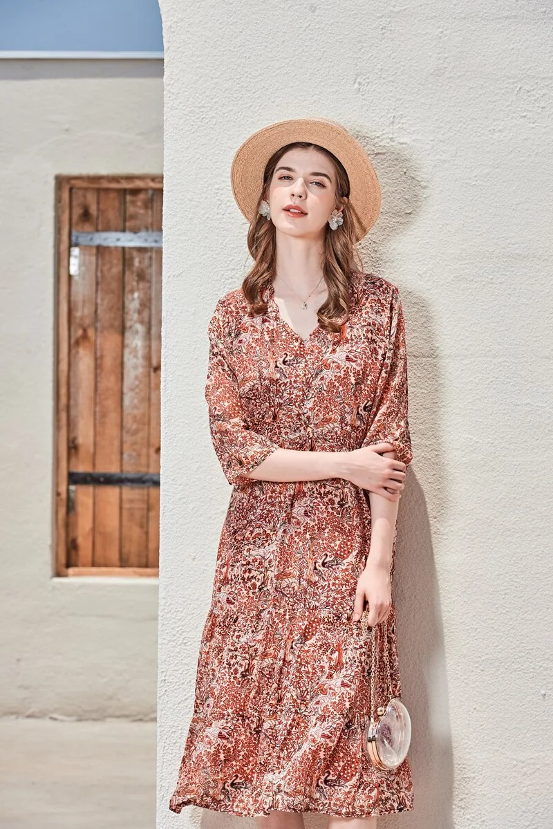 100% Silk Women's Runway Dresses Sexy V Neck 3/4 Sleeves Ruffles Printed Fashion Casual Summer Dresses - Image 2