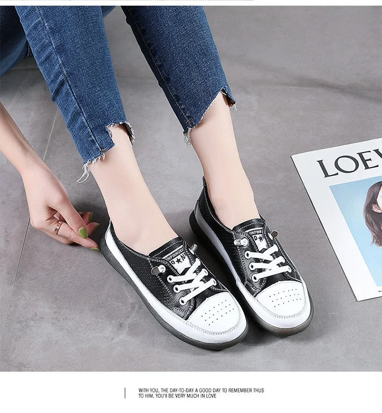 Women's Leather Sneakers Women Casual Fashionable Sports Shoes Vulcanized Woman Summer Flat Shoe Ladies White Lacing 40 - Image 2
