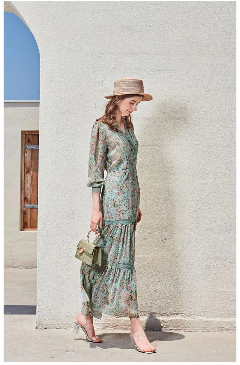 100% Silk Women's Runway Dresses Sexy V Neck Long Sleeves Lace Patchwork Printed Fashion Casual Dresses - Image 5