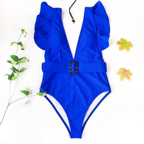 Plunging One Piece Swimsuits Ruffle Swimwear Women 2021 Belted Bathers Sexy Backless Beachwear High Cut Bathing Suits - Takalr