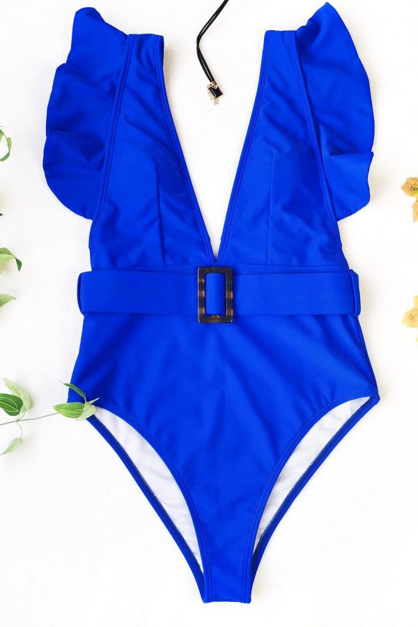 Plunging One Piece Swimsuits Ruffle Swimwear Women 2021 Belted Bathers Sexy Backless Beachwear High Cut Bathing Suits - Takalr