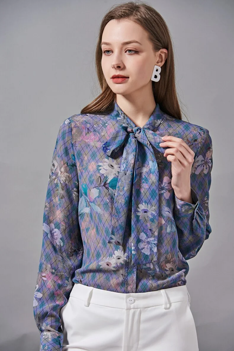 100% Silk Women's Shirt Bow Collar Long Sleeves Floral Plaid Printed Fashion Blouse Camisa Tops - Image 7