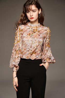 100% Silk Women's Shirt O Neck Ruffled Collar Long Lantern Sleeves Printed Piping Fashion Casual Blouse