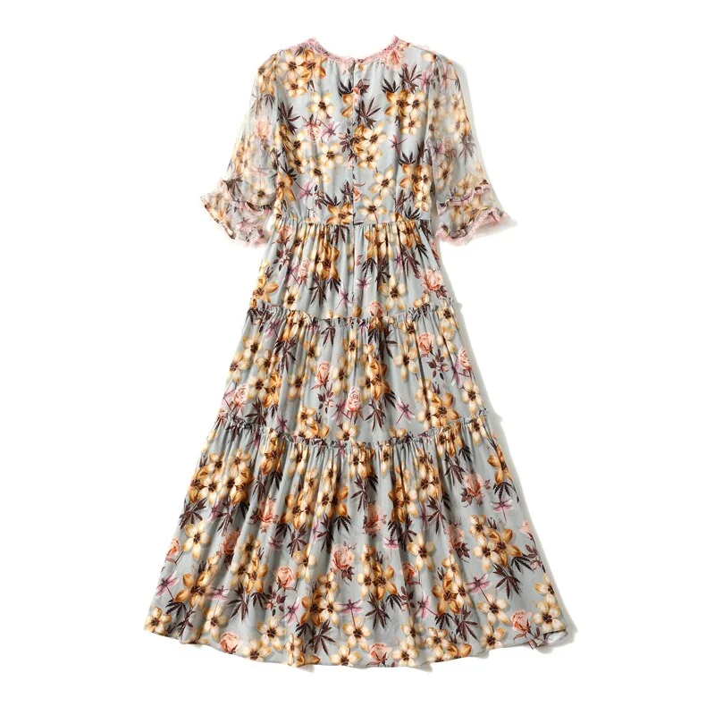 100% Natural Silk Women's Dresses Sexy V Neck Half Sleeves Lace Patchwork Floral Printed Ruffles Fashion Mid Summer Dress - Image 9