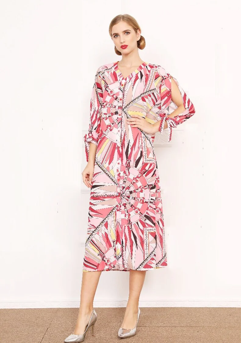 Women's Runway Designer Dresses V Neck Lace Up Bow Printed Loose Design Fashion Casual Mid Calf Dresses - Image 5