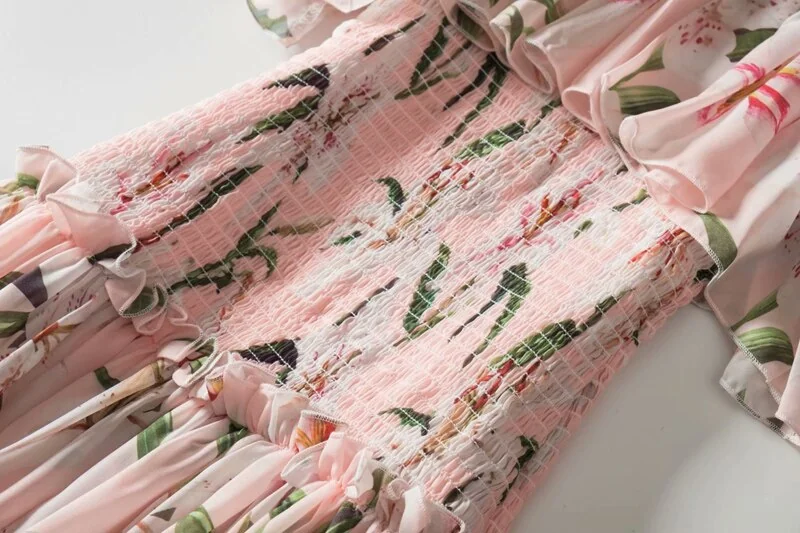 Women's Runway Dresses Spaghetti Straps Floral Printed Elastic Waist Tiered Ruffles Fashion Long Designer Dresses - Image 6