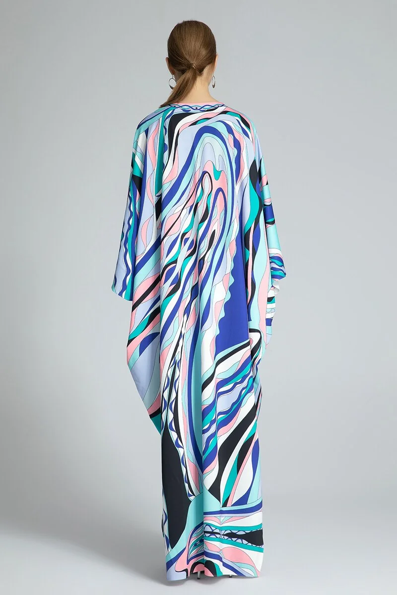 Women's Runway Dresses Sexy V Neck Batwing Sleeves Printed Knitted Loose Design Long Spit Fashion Dresses - Image 7