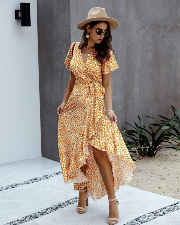 Summer Maxi Dress Women Polka Dot Sexy V Neck Ruffles Short Sleeve Holiday Long Beach Sundress Ladies Lace Up Wrap Party Dresses - Takalr