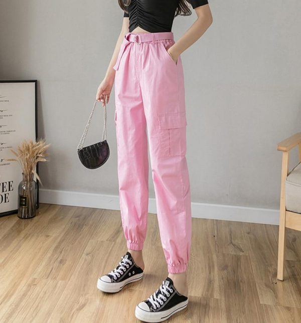 High Waist  Women's Looses Cargo Pants With belt nine-point harem pants Colorfur  high waist pants sashes pockets office pants - Takalr