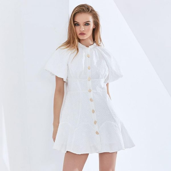 White Elegant Oversized Dress For Women O Neck Puff Sleeve High Waist Female Summer Dresses Womens Clothing 2021 - Takalr