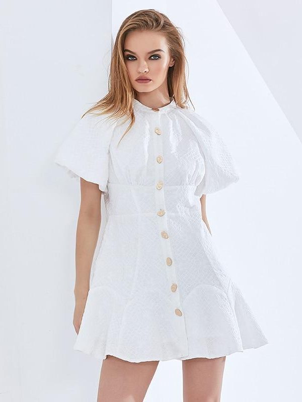 White Elegant Oversized Dress For Women O Neck Puff Sleeve High Waist Female Summer Dresses Womens Clothing 2021 - Takalr