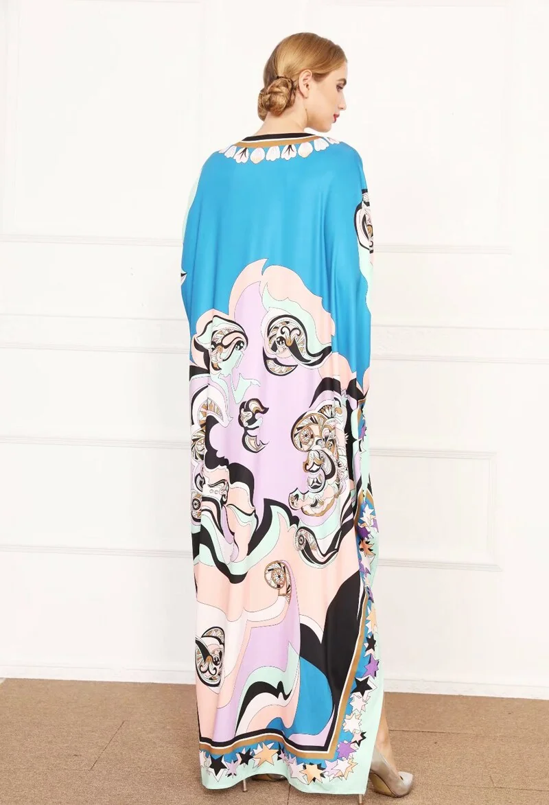 Autumn Women's Runway Dresses O Neck Batwing Sleeves Printed Loose Deisgn Plus Sizes Split Knitted Elastic Long Maxi Dresses - Image 6